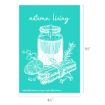 Teal graphic with white illustrations of a candle in a jar, cinnamon sticks, orange slices, berries, and a pine sprig. Text at the top reads “autumn living.” Dimensions: 6½" x 4½".