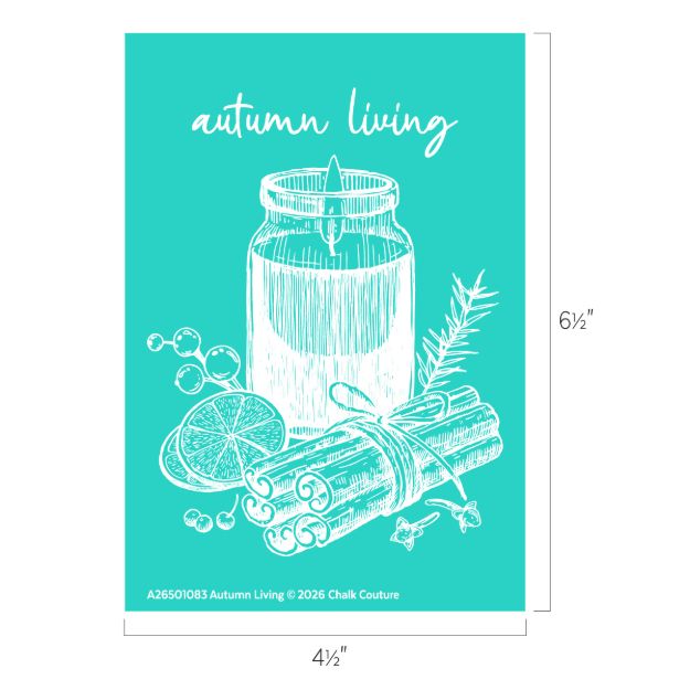 Teal graphic with white illustrations of a candle in a jar, cinnamon sticks, orange slices, berries, and a pine sprig. Text at the top reads “autumn living.” Dimensions: 6½" x 4½".