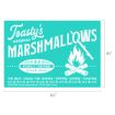 Teal label for Toasty's Original Marshmallows, featuring a campfire with marshmallows on sticks, "Family Owned Since 1952," and text promoting baking, topping, eating, and toasting. Dimensions: 6½" x 4½".