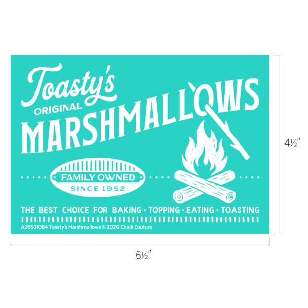 Teal label for Toasty's Original Marshmallows, featuring a campfire with marshmallows on sticks, "Family Owned Since 1952," and text promoting baking, topping, eating, and toasting. Dimensions: 6½" x 4½".