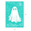 Illustration of a simple ghost with eye holes, draped in a white sheet, floating above grass and flowers on a turquoise background. The image measures 6.5 inches by 4.5 inches.