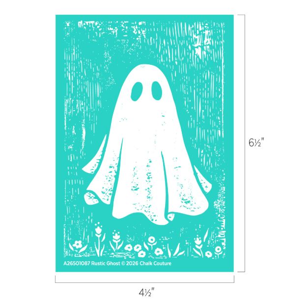 Illustration of a simple ghost with eye holes, draped in a white sheet, floating above grass and flowers on a turquoise background. The image measures 6.5 inches by 4.5 inches.