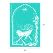 White line drawing of baby Jesus in a manger under a radiant star, framed by an arched window and leafy vine, on a teal background. Dimensions are 4.5 inches wide by 6.5 inches tall.