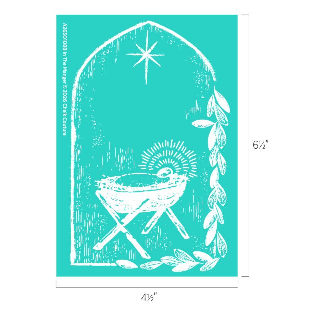 White line drawing of baby Jesus in a manger under a radiant star, framed by an arched window and leafy vine, on a teal background. Dimensions are 4.5 inches wide by 6.5 inches tall.