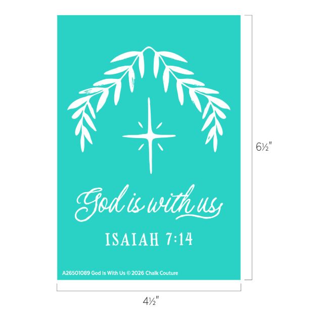 Turquoise card with a white star, leafy branches above, and the words "God is with us, Isaiah 7:14" in script below. Card dimensions: 4.5" wide by 6.5" tall.