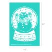 White outlined illustration of a smiling snowman inside a snow globe, wearing a scarf and mittens, with snowflakes around him. The image background is turquoise, and measurements are shown: 6.5" tall by 4.5" wide.
