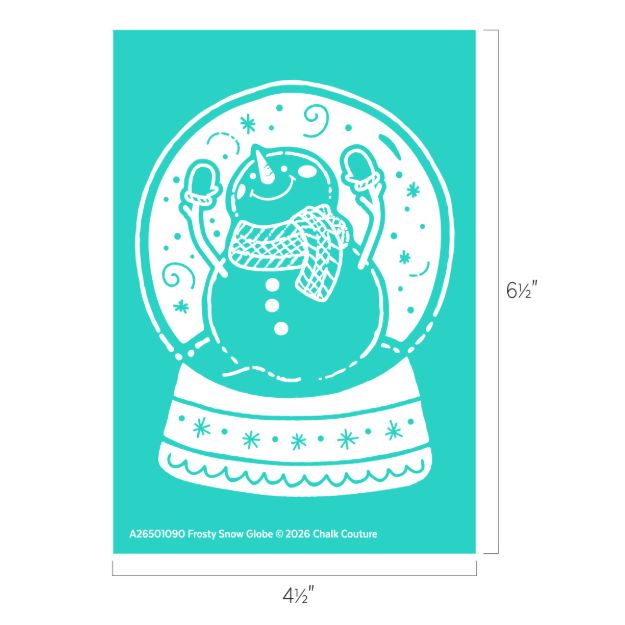 White outlined illustration of a smiling snowman inside a snow globe, wearing a scarf and mittens, with snowflakes around him. The image background is turquoise, and measurements are shown: 6.5" tall by 4.5" wide.