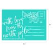Teal postcard design with white retro-style text reading "with love from the north pole" and postal markings. Also includes "Post Card," "Place Stamp Here," address lines, and product information at the bottom.