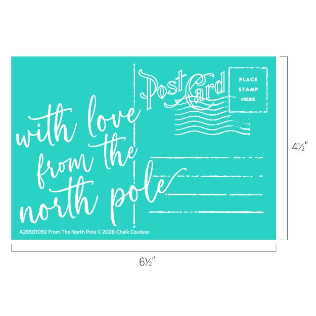 Teal postcard design with white retro-style text reading "with love from the north pole" and postal markings. Also includes "Post Card," "Place Stamp Here," address lines, and product information at the bottom.