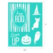 Turquoise sheet with white Halloween-themed drawings: "hey BOO" in a frame, "Sugar me UP," a witch hat, a cat, a jack-o’-lantern, and a smiling ghost. Dimensions are 8.5 inches by 11 inches.