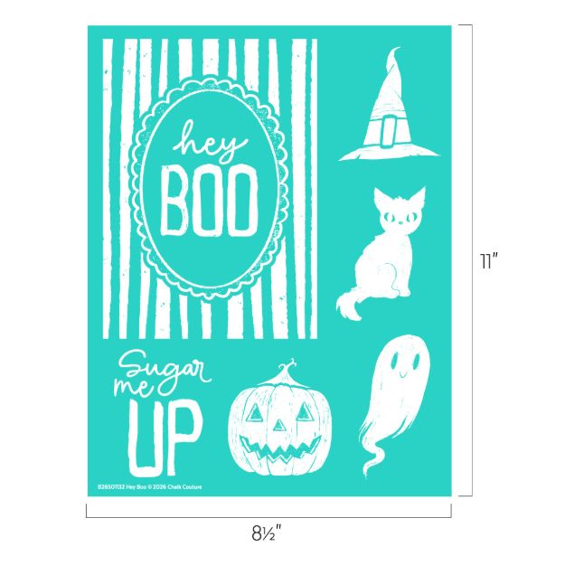 Turquoise sheet with white Halloween-themed drawings: "hey BOO" in a frame, "Sugar me UP," a witch hat, a cat, a jack-o’-lantern, and a smiling ghost. Dimensions are 8.5 inches by 11 inches.