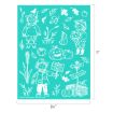 A teal stencil sheet with white autumn-themed designs, including three scarecrows, pumpkins, corn, leaves, a "Happy Fall!" sign, "Apples" and "Pumpkins" signs, and various fall vegetables. Sheet measures 8.5" x 11".