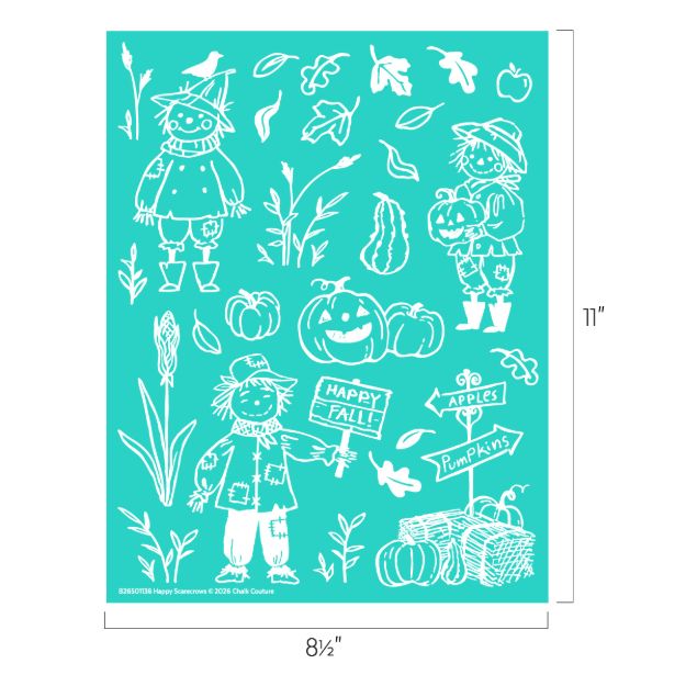 A teal stencil sheet with white autumn-themed designs, including three scarecrows, pumpkins, corn, leaves, a "Happy Fall!" sign, "Apples" and "Pumpkins" signs, and various fall vegetables. Sheet measures 8.5" x 11".