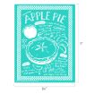 Teal and white illustrated recipe poster for homemade apple pie, featuring a pie, apples, baking instructions, ingredients, and handwritten text in a playful layout with decorative borders. Dimensions are 8.5 x 11 inches.