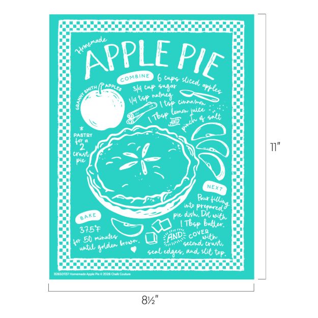 Teal and white illustrated recipe poster for homemade apple pie, featuring a pie, apples, baking instructions, ingredients, and handwritten text in a playful layout with decorative borders. Dimensions are 8.5 x 11 inches.