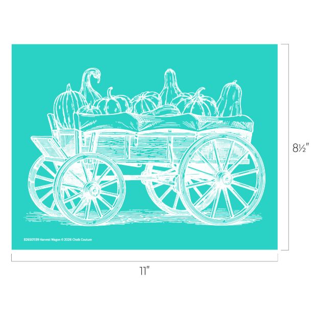 White line drawing of a wagon filled with assorted pumpkins and gourds on a teal background. The image measures 11 inches wide by 8.5 inches tall.