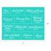 A teal sheet with twelve white rectangular sections, each featuring a Christian title or name for Jesus in cursive lettering, along with a corresponding Bible verse reference below each title. Measurements are 8.5 by 11 inches.
