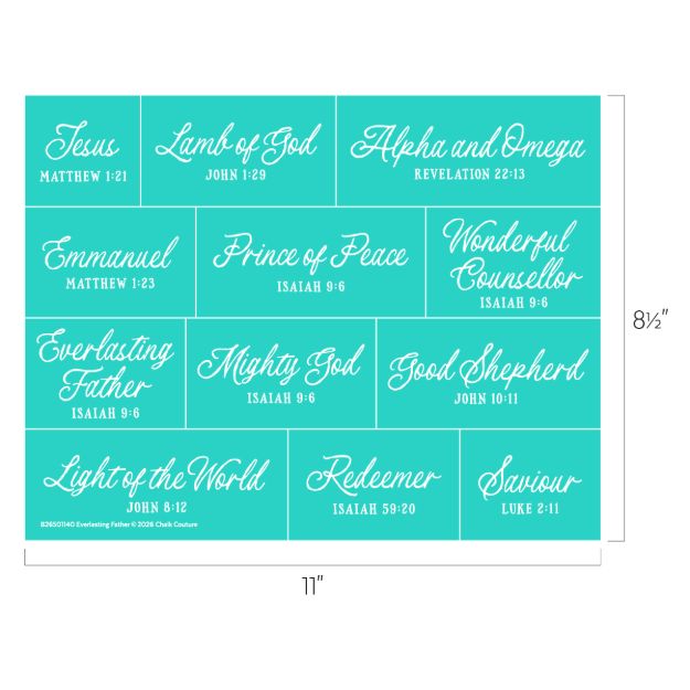 A teal sheet with twelve white rectangular sections, each featuring a Christian title or name for Jesus in cursive lettering, along with a corresponding Bible verse reference below each title. Measurements are 8.5 by 11 inches.