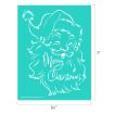 A turquoise rectangular stencil with a white outline drawing of a smiling Santa Claus in a hat and the words "Merry Christmas" written in cursive. Dimensions are 8.5 inches by 11 inches.
