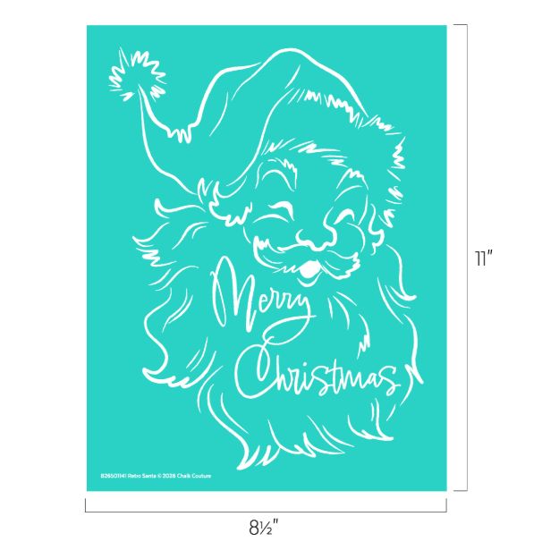 A turquoise rectangular stencil with a white outline drawing of a smiling Santa Claus in a hat and the words "Merry Christmas" written in cursive. Dimensions are 8.5 inches by 11 inches.