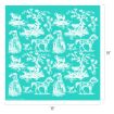 A teal square fabric swatch with white pastoral illustrations, including women with sheep, horses, chickens, and trees, repeating in a patterned design; the swatch measures 18 by 18 inches.