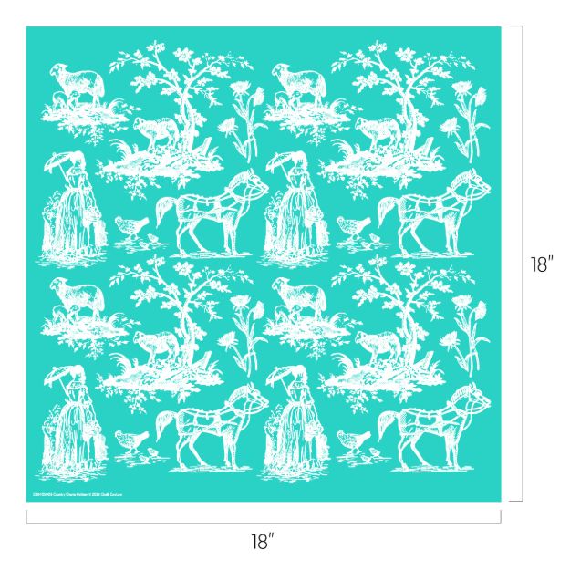 A teal square fabric swatch with white pastoral illustrations, including women with sheep, horses, chickens, and trees, repeating in a patterned design; the swatch measures 18 by 18 inches.