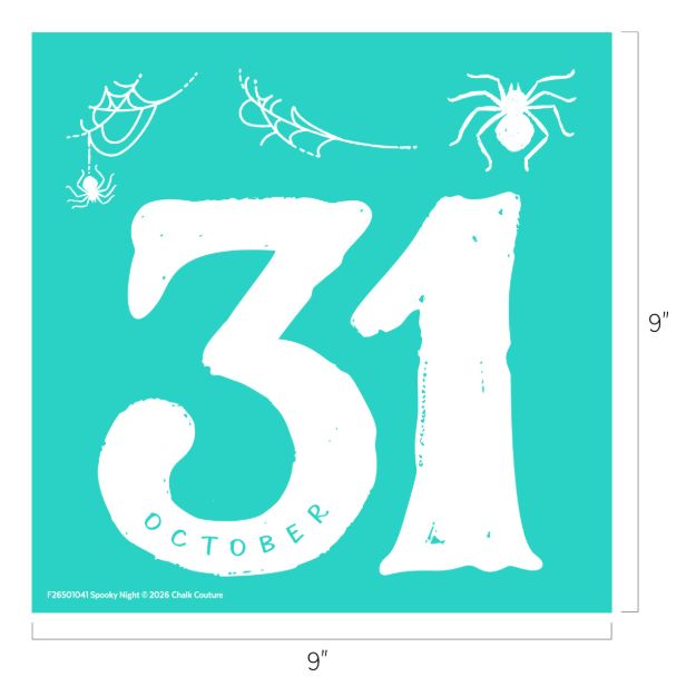 A teal square features a large white "31" with "OCTOBER" in smaller letters below. White spider webs, spiders, and decorative lines appear in the top left and right corners. The image measures 9 inches by 9 inches.
