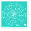A white spider web design on a turquoise square background with a small white spider in the lower right corner. The square measures 9 inches by 9 inches.