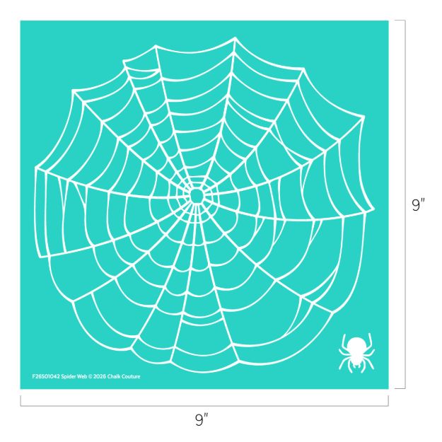 A white spider web design on a turquoise square background with a small white spider in the lower right corner. The square measures 9 inches by 9 inches.