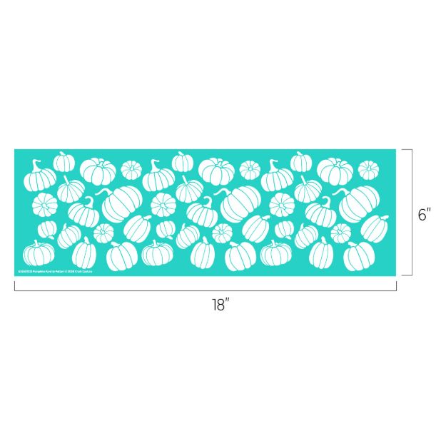 A teal rectangular stencil measuring 18 inches by 6 inches, featuring various white pumpkin silhouettes in different sizes and shapes scattered across the surface.