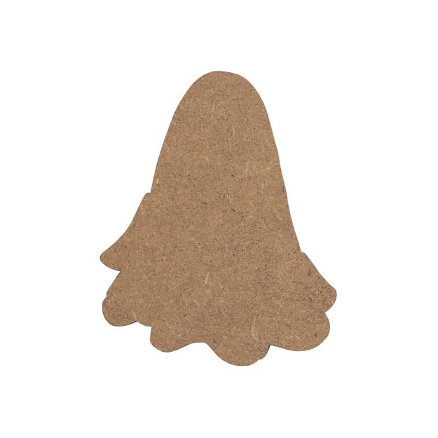 A plain, brown, unfinished MDF wood cutout in the shape of a ghost, with a rounded top and wavy bottom edges.