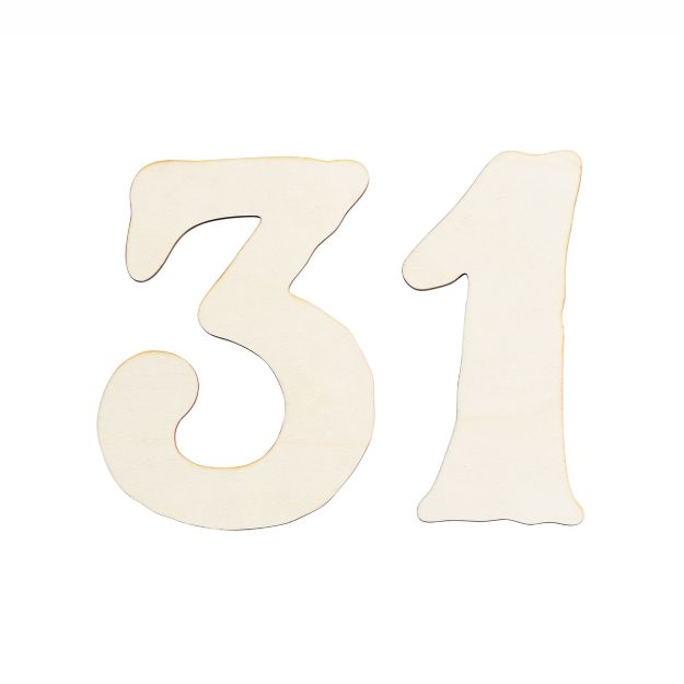 Two large, light-colored wooden cutout numbers "3" and "1" are placed side by side on a white background, forming the number 31.