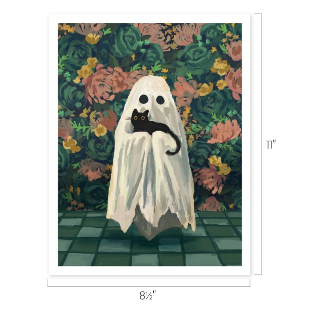 A figure draped in a white sheet with black eye holes stands holding a black cat. The background is a floral patterned wall with green leaves and flowers. The floor is tiled. Dimensions: 8.5 inches wide by 11 inches tall.