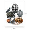 A group of pumpkins with various black, white, and orange patterns sit on and around pedestal stands. A black crow perches on one pumpkin. Image dimensions are 8.5 by 11 inches.