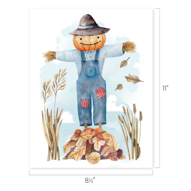 A friendly scarecrow with a pumpkin head, blue overalls, and a hat stands on a pile of autumn leaves, surrounded by tall grasses, with a blue sky background. Dimensions are 8.5" wide by 11" tall.