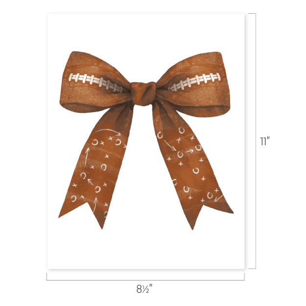 A brown bow with white football laces on the loops and white play diagrams on the tails, centered on a white background. The image dimensions are 8.5 inches wide by 11 inches tall.