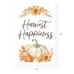 Watercolor illustration with the words "Harvest Happiness," featuring sunflowers, autumn leaves, and two pumpkins on a white background. Image dimensions are 11 inches wide by 17 inches tall.