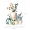 A watercolor illustration of pumpkins, gourds, dried flowers, and eucalyptus branches arranged with two vases. The image dimensions are 8.5 by 11 inches. The color palette is soft greens, creams, and browns.