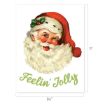 A vintage-style illustration of Santa Claus smiling, wearing a red hat with holly, above green text that reads "Feelin' Jolly." The image size is 8.5 by 11 inches.