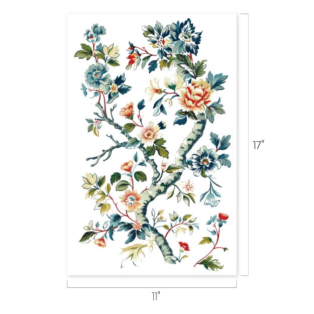 Illustration of blooming branches with colorful flowers and green leaves on a white background, measuring 17 inches tall by 11 inches wide.