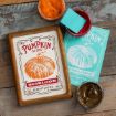 A framed vintage-style print reads “Pumpkin Seeds Heirloom Guaranteed Perfect for Pies” with an orange pumpkin illustration. Nearby are ink jars, a blue stamp, and a blue print on a rustic wooden surface.