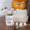 A vintage-style marshmallow tin holds marshmallows dipped in chocolate on sticks, next to a large round tin filled with plain marshmallows, all set on a wooden table.