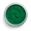 A round container filled with smooth, bright green cream or paint viewed from above against a white background.
