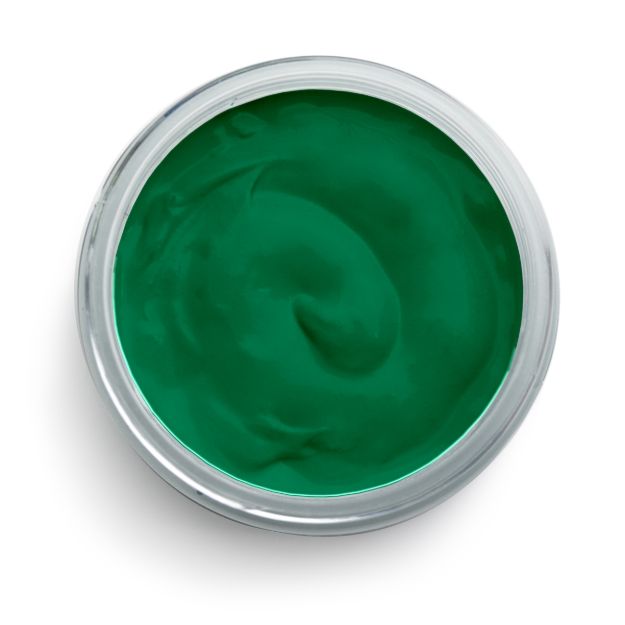 A round container filled with smooth, bright green cream or paint viewed from above against a white background.