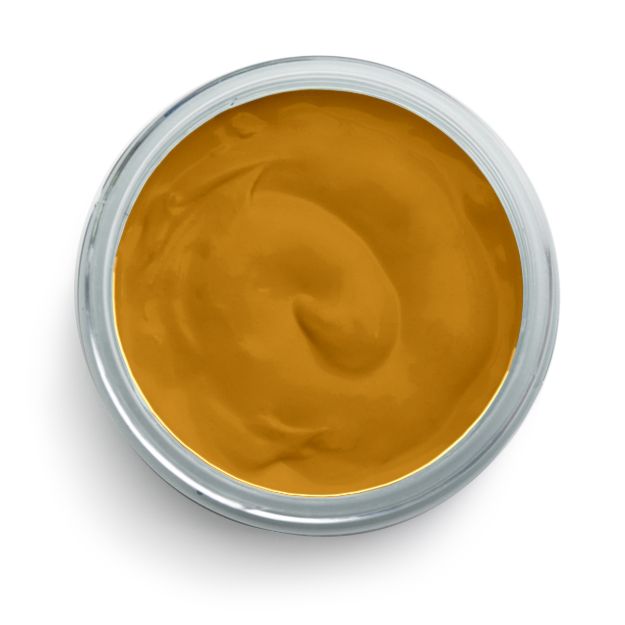 A top view of an open round container filled with smooth, creamy yellow mustard.