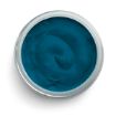 A jar filled with smooth, creamy, dark teal-colored paint or cosmetic cream, viewed from above against a white background.