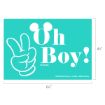 Turquoise sign with a cartoon hand making a peace sign, the words "Oh Boy!" and mouse ears forming the "O." Dimensions are 6.5 inches wide by 4.5 inches tall. Disney logo and copyright info shown.
