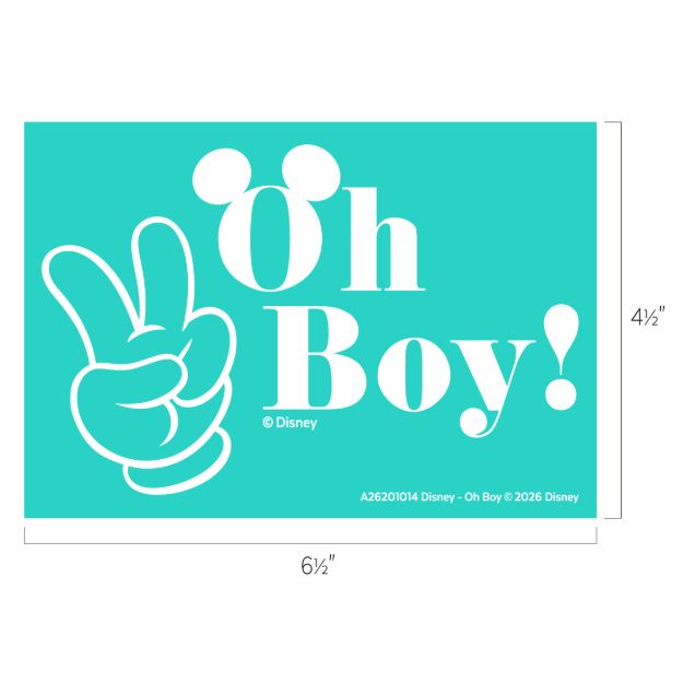 Turquoise sign with a cartoon hand making a peace sign, the words "Oh Boy!" and mouse ears forming the "O." Dimensions are 6.5 inches wide by 4.5 inches tall. Disney logo and copyright info shown.
