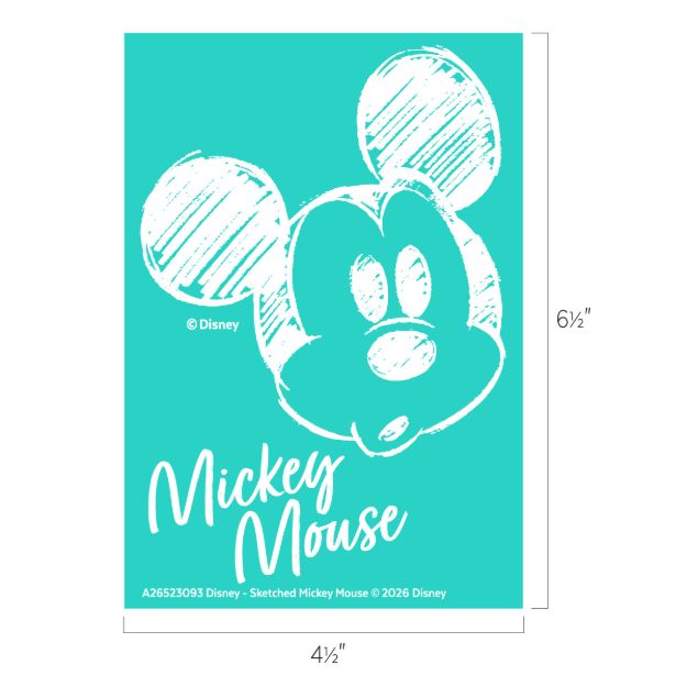 A white sketch of Mickey Mouse’s face on a teal background with “Mickey Mouse” written in cursive below. Image dimensions are 6.5 inches tall by 4.5 inches wide.