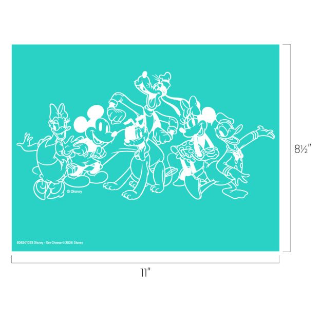 Line art of Disney characters—Daisy Duck, Mickey Mouse, Goofy, Pluto, Minnie Mouse, and Donald Duck—posing together on a turquoise background. Image dimensions are 11 inches wide by 8.5 inches tall.
